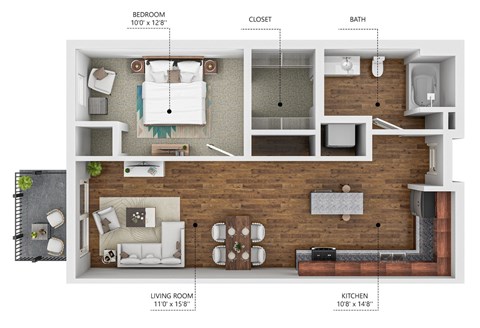 Floor plan for 1 bed, 1 bath, 616 sqft